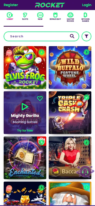 Casino Rocket mobile casino game lobby