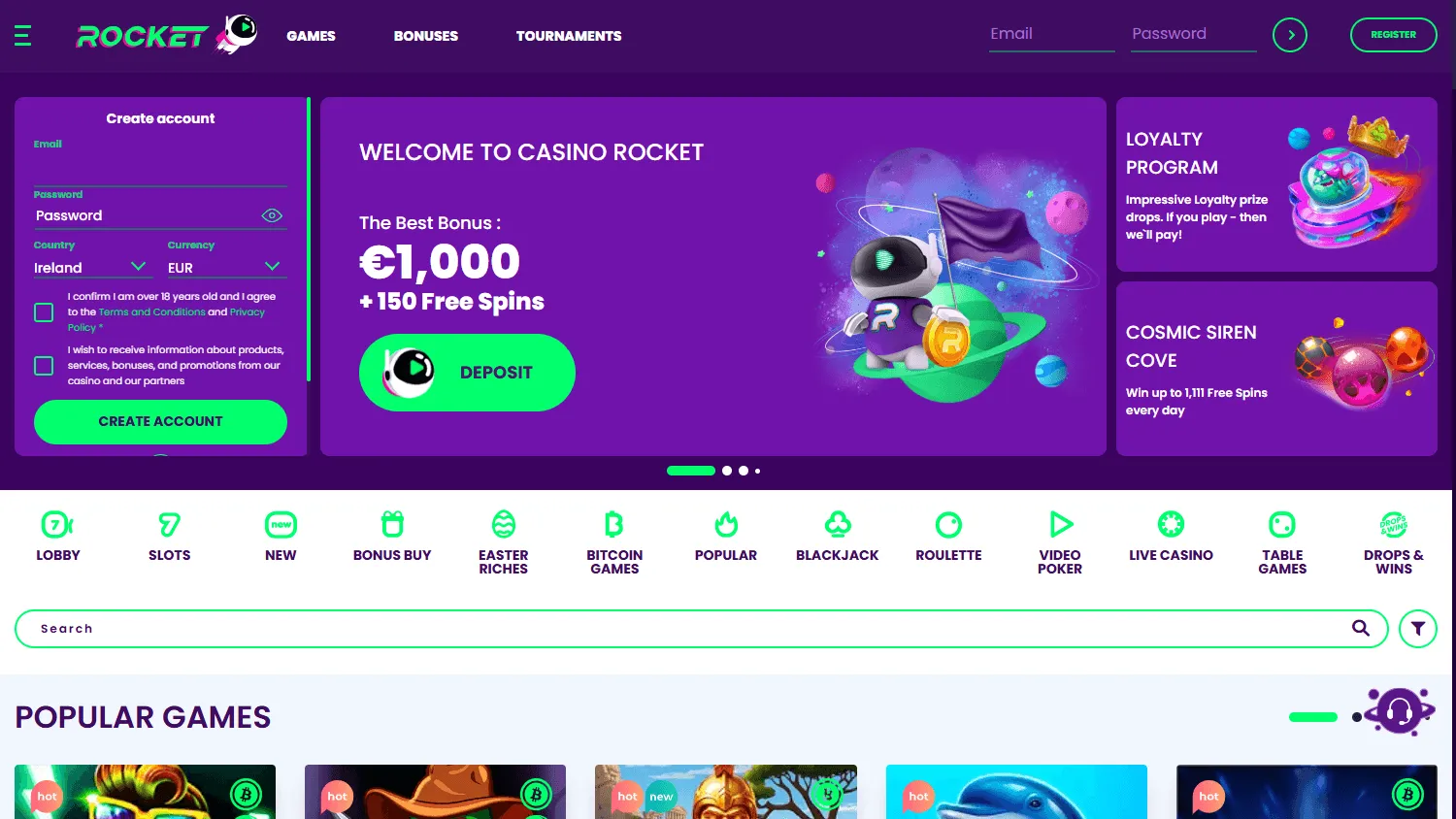 Casino Rocket desktop home experience for Australian players