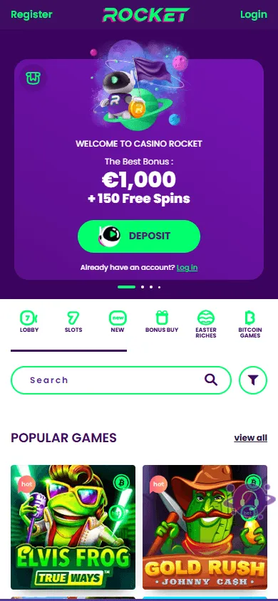 Casino Rocket mobile casino home experience